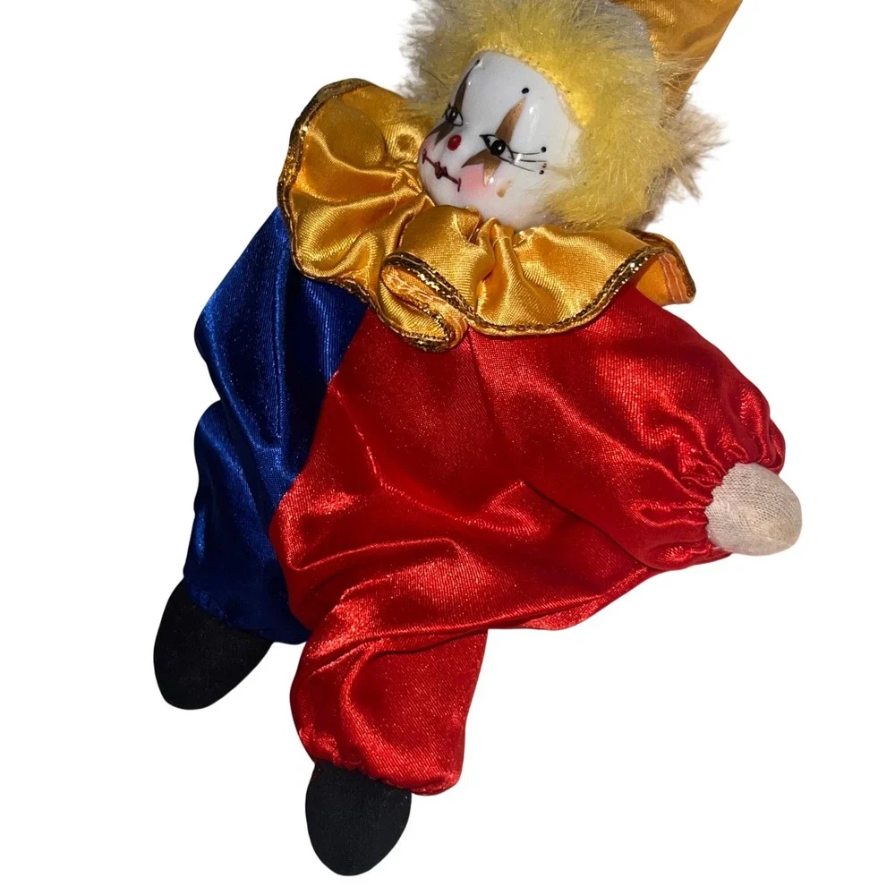 Vintage Artmark Chicago Ltd Porcelain Clown Doll Blue Red Satin Harlequin Decor
